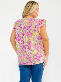 PLUS SIZE RUFFLE SLEEVE FLORAL PRINT BLOUSE