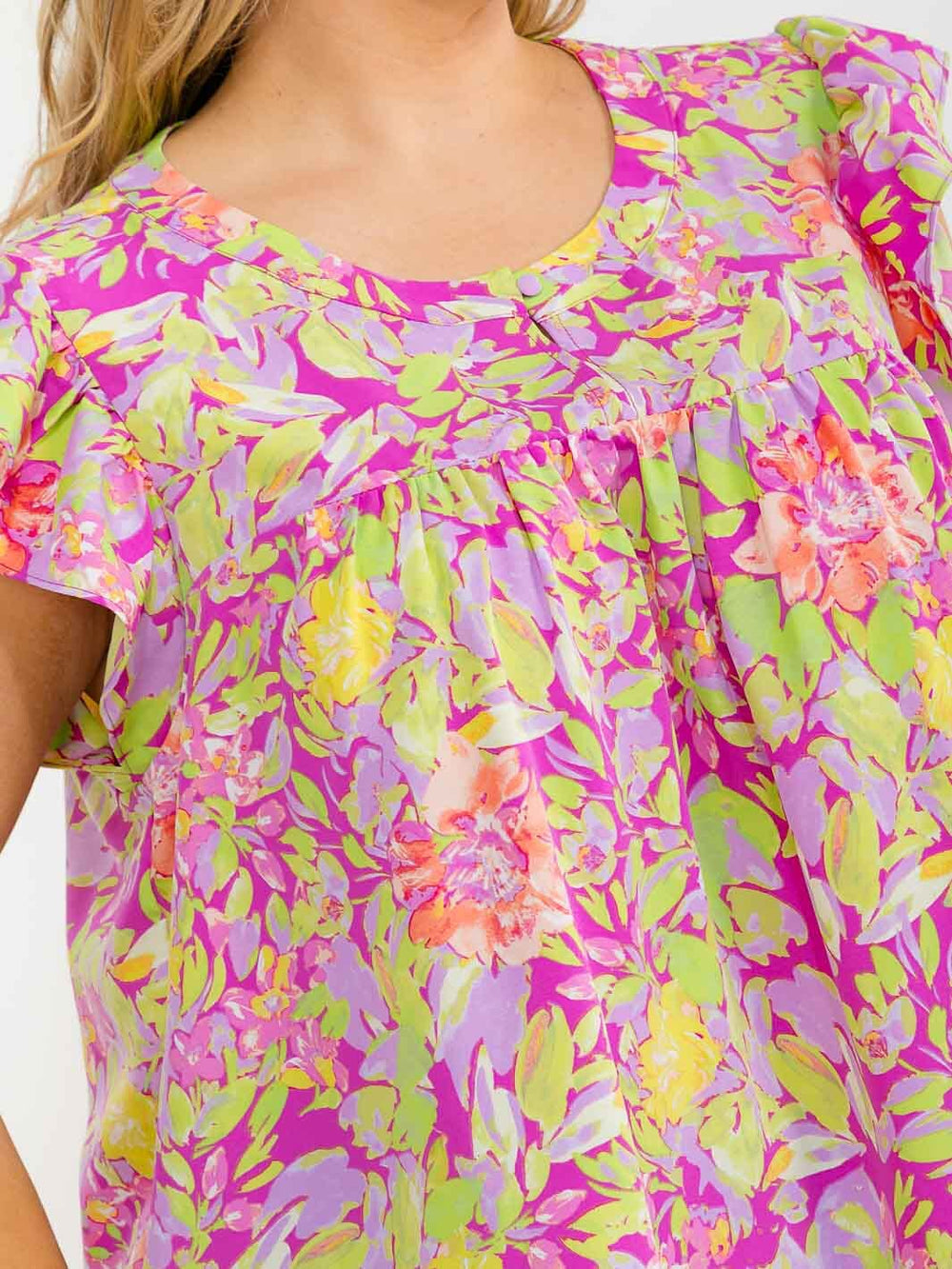 PLUS SIZE RUFFLE SLEEVE FLORAL PRINT BLOUSE