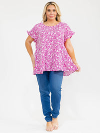 PLUS SIZE SHORT RUFFLE SLEEVE FLORAL PRINT TUNIC BLOUSE
