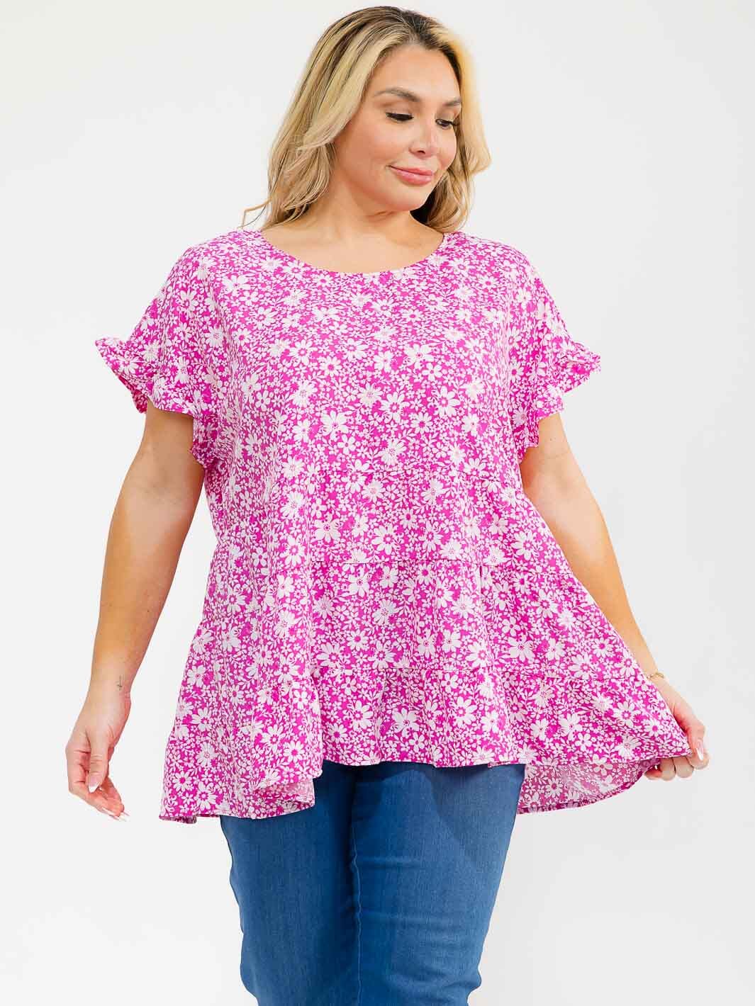 PLUS SIZE SHORT RUFFLE SLEEVE FLORAL PRINT TUNIC BLOUSE
