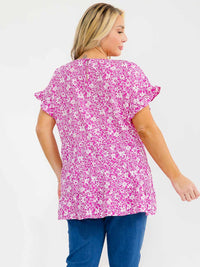 PLUS SIZE SHORT RUFFLE SLEEVE FLORAL PRINT TUNIC BLOUSE
