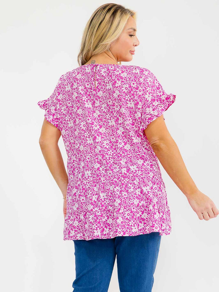 PLUS SIZE SHORT RUFFLE SLEEVE FLORAL PRINT TUNIC BLOUSE