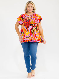 PLUS SIZE SHORT SLEEVE V-NECK MULTI PRINT BLOUSE