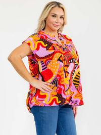 PLUS SIZE SHORT SLEEVE V-NECK MULTI PRINT BLOUSE