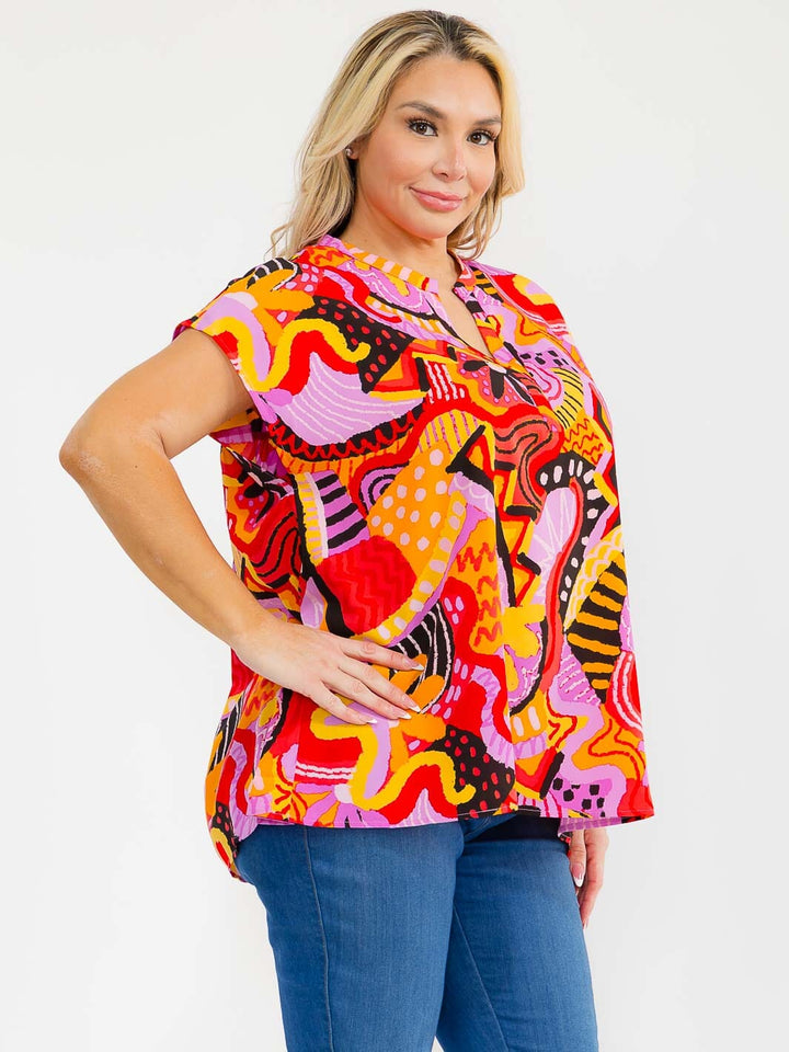 PLUS SIZE SHORT SLEEVE V-NECK MULTI PRINT BLOUSE