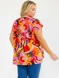 PLUS SIZE SHORT SLEEVE V-NECK MULTI PRINT BLOUSE