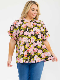 PLUS SIZE SHORT SLEEVE V-NECK FLORAL PRINT BLOUSE