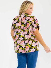 PLUS SIZE SHORT SLEEVE V-NECK FLORAL PRINT BLOUSE