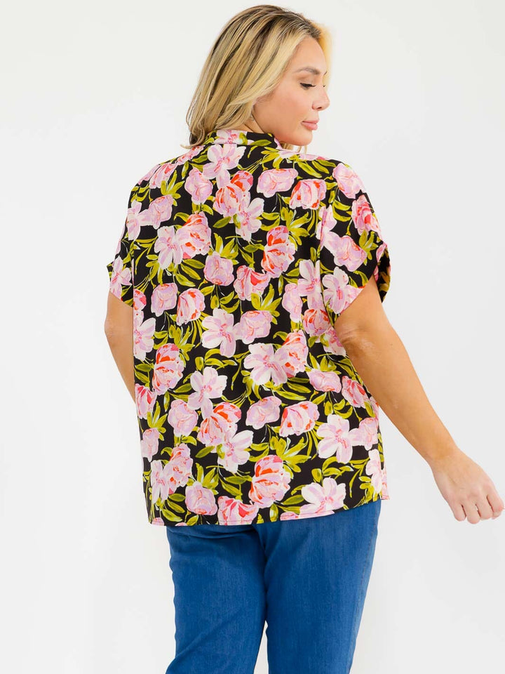PLUS SIZE SHORT SLEEVE V-NECK FLORAL PRINT BLOUSE