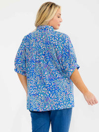 PLUS SIZE SHORT SLEEVE V-NECK BUTTON UP FLORAL PRINT BLOUSE