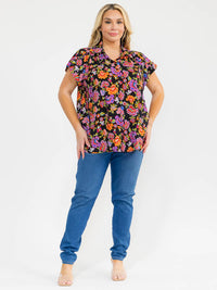 PLUS SIZE SHORT SLEEVE V-NECK FLROAL PRINT BLOUSE