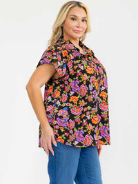 PLUS SIZE SHORT SLEEVE V-NECK FLROAL PRINT BLOUSE