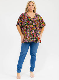 PLUS SIZE SHORT SLEEVE V-NECK FLROAL PRINT BLOUSE