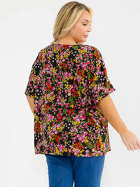 PLUS SIZE SHORT SLEEVE V-NECK FLROAL PRINT BLOUSE
