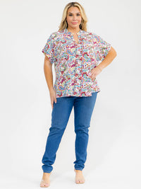 PLUS SIZE SHORT SLEEVE V-NECK MULTI PRINT BLOUSE