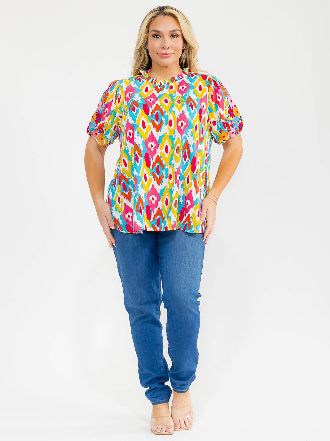 PLUS SIZE SHORT SLEEVE MULTI PRINT EMBROIDERY BLOUSE