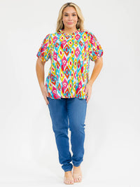 PLUS SIZE SHORT SLEEVE MULTI PRINT EMBROIDERY BLOUSE