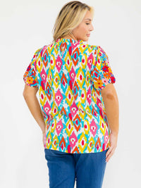 PLUS SIZE SHORT SLEEVE MULTI PRINT EMBROIDERY BLOUSE