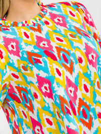 PLUS SIZE SHORT SLEEVE MULTI PRINT EMBROIDERY BLOUSE