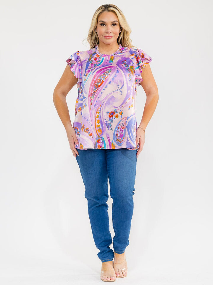 PLUS SIZE RUFFLE SLEEVE MULTI PRINT BLOUSE