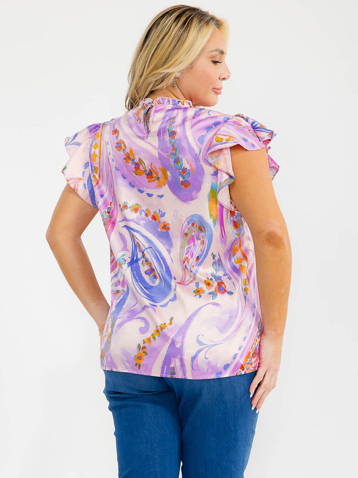 PLUS SIZE RUFFLE SLEEVE MULTI PRINT BLOUSE