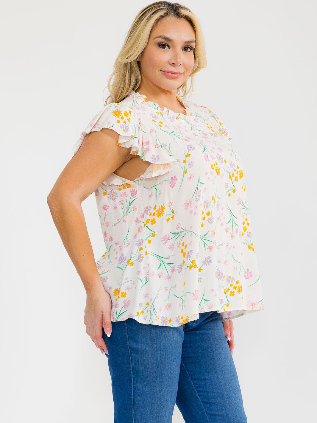 PLUS SIZE RUFFLE SLEEVE FLORAL PRINT BLOUSE