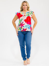 PLUS SIZE SHORT SLEEVE V-NECK FLORAL PRINT BLOUSE