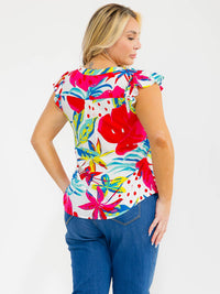 PLUS SIZE SHORT SLEEVE V-NECK FLORAL PRINT BLOUSE
