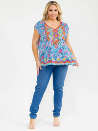 PLUS SIZE SHORT SLEEVE V-NECK FLORAL EMBROIDERY BLOUSE