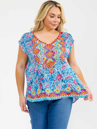 PLUS SIZE SHORT SLEEVE V-NECK FLORAL EMBROIDERY BLOUSE