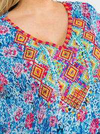 PLUS SIZE SHORT SLEEVE V-NECK FLORAL EMBROIDERY BLOUSE