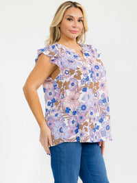 PLUS SIZE RUFFLE SLEEVE V-NECK FLORAL PRINT BLOUSE