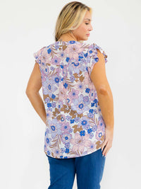 PLUS SIZE RUFFLE SLEEVE V-NECK FLORAL PRINT BLOUSE