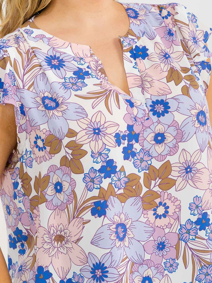 PLUS SIZE RUFFLE SLEEVE V-NECK FLORAL PRINT BLOUSE