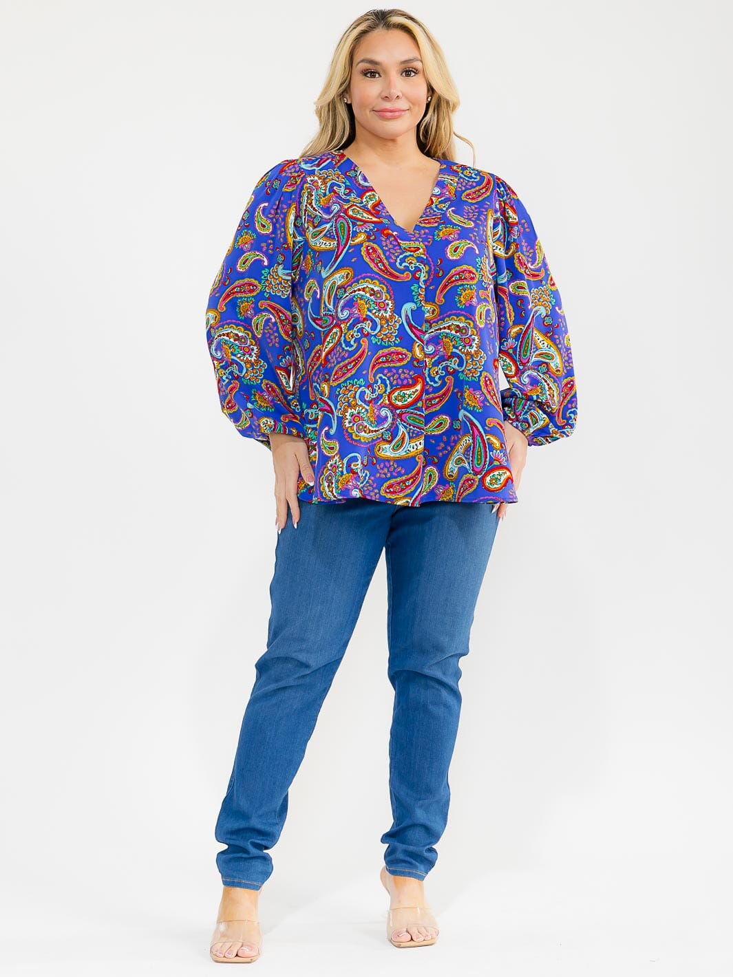 PLUS SIZE LONG SLEEVE V-NECK LOOSE FIT TUNIC PAISLEY PRINT BLOUSE