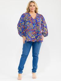 PLUS SIZE LONG SLEEVE V-NECK LOOSE FIT TUNIC PAISLEY PRINT BLOUSE