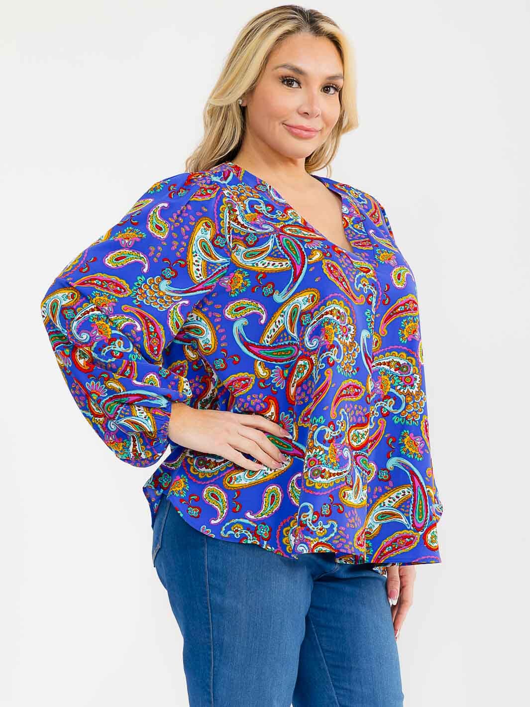 PLUS SIZE LONG SLEEVE V-NECK LOOSE FIT TUNIC PAISLEY PRINT BLOUSE