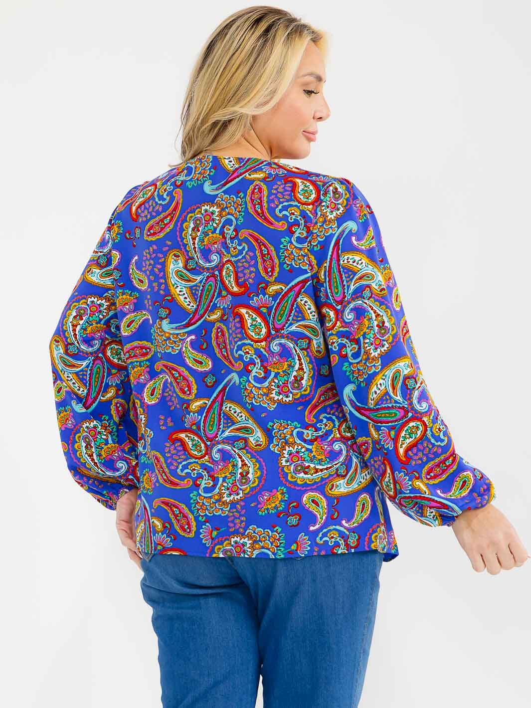 PLUS SIZE LONG SLEEVE V-NECK LOOSE FIT TUNIC PAISLEY PRINT BLOUSE