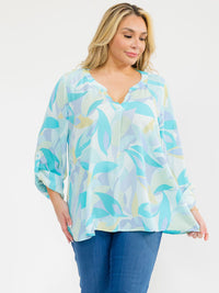 PLUS SIZE LONG SLEEVE V-NECK LOOSE FIT FLORAL PRINT BLOUSE