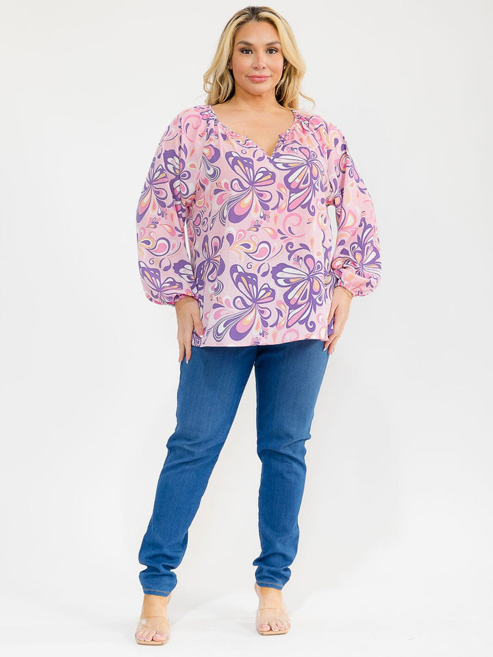 PLUS SIZE LONG SLEEVE V-NECK LOOSE FIT FLORAL PRINT BLOUSE