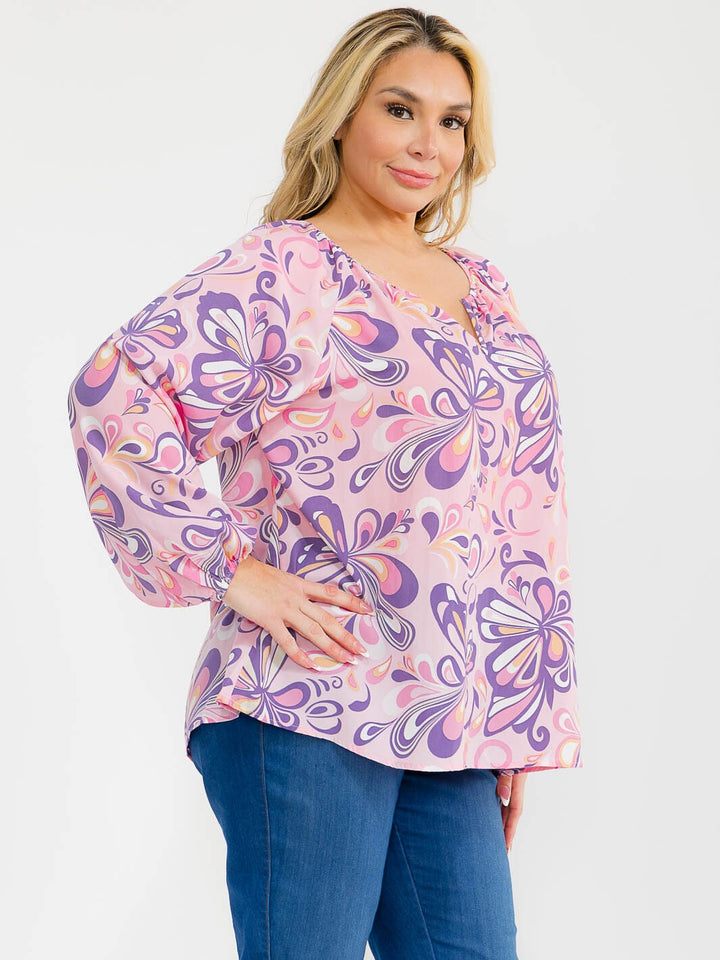 PLUS SIZE LONG SLEEVE V-NECK LOOSE FIT FLORAL PRINT BLOUSE