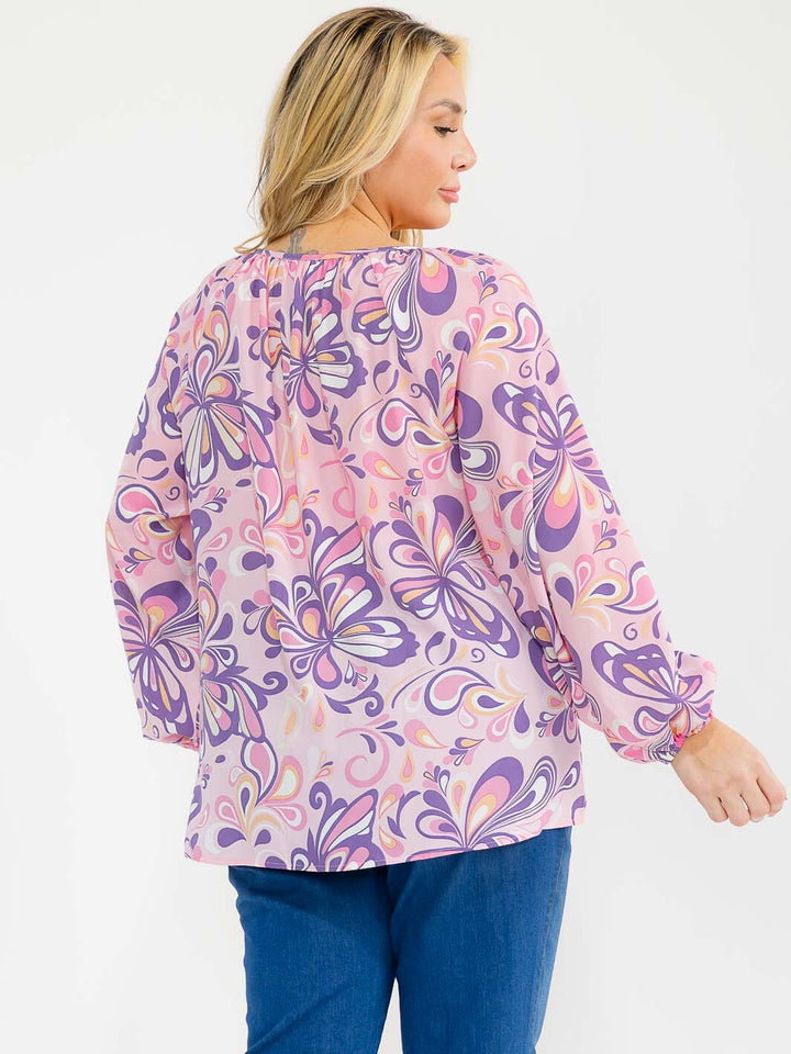 PLUS SIZE LONG SLEEVE V-NECK LOOSE FIT FLORAL PRINT BLOUSE