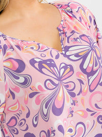 PLUS SIZE LONG SLEEVE V-NECK LOOSE FIT FLORAL PRINT BLOUSE