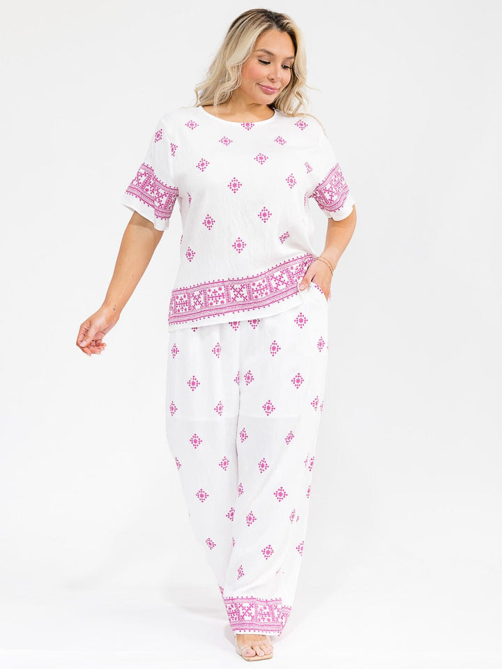 PLUS SIZE SHORT SLEEVE BLOUSE & ELASTIC WAIST PANTS MULTI PRINT 2PC. SET