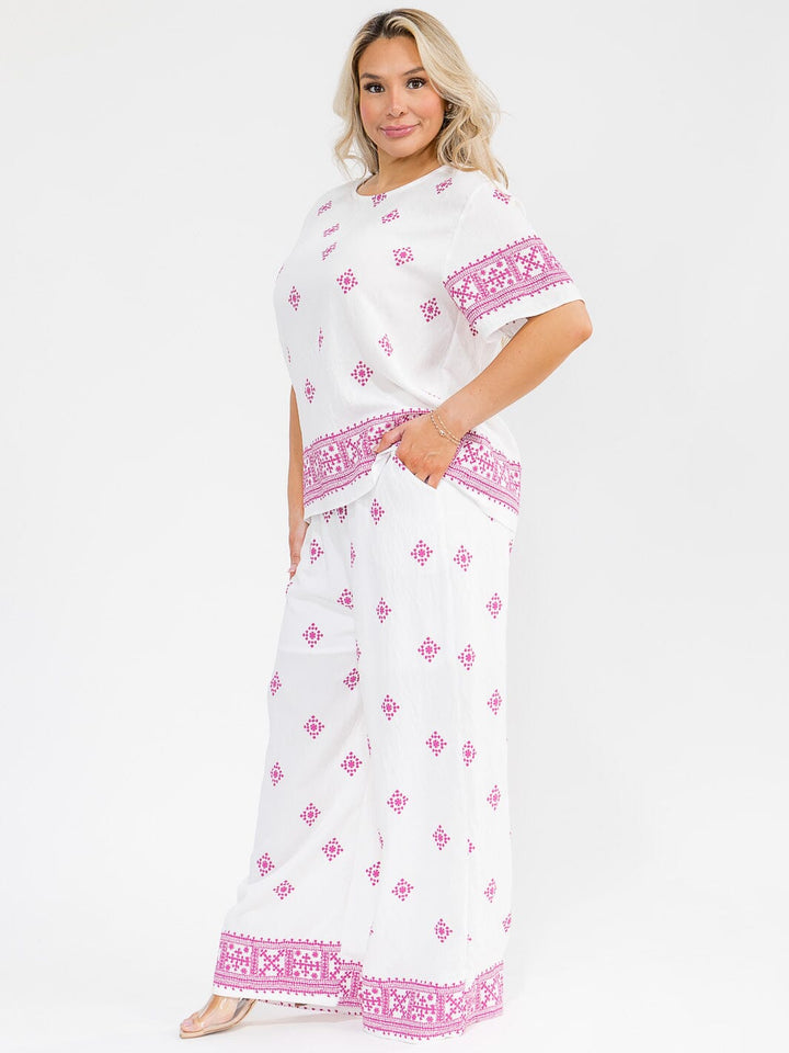 PLUS SIZE SHORT SLEEVE BLOUSE & ELASTIC WAIST PANTS MULTI PRINT 2PC. SET