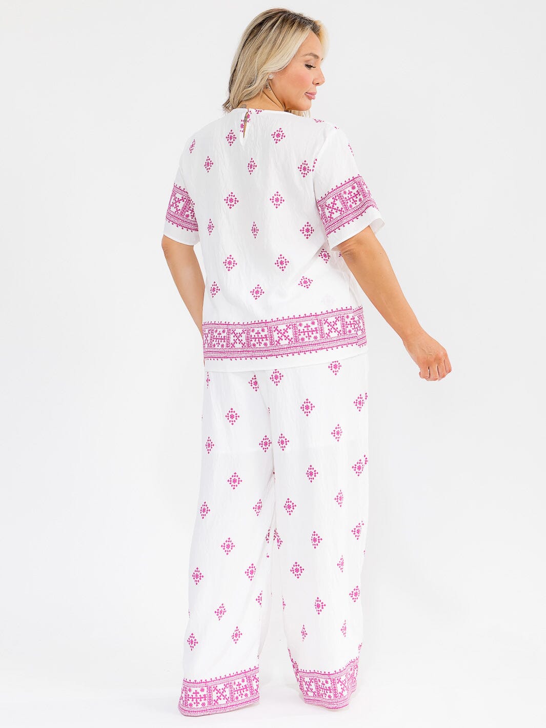 PLUS SIZE SHORT SLEEVE BLOUSE & ELASTIC WAIST PANTS MULTI PRINT 2PC. SET