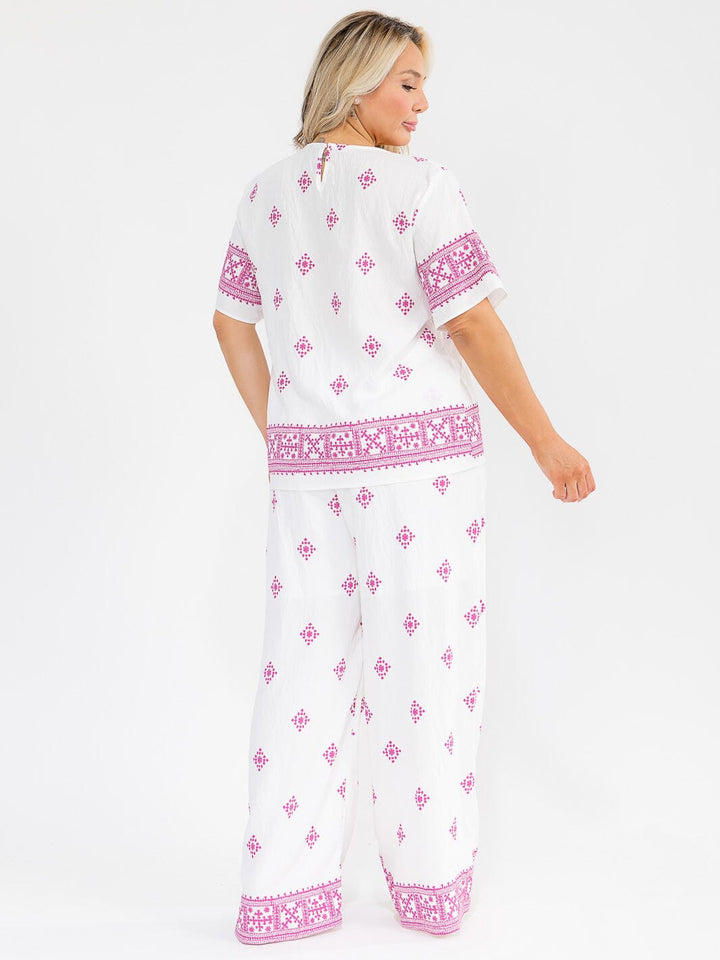 PLUS SIZE SHORT SLEEVE BLOUSE & ELASTIC WAIST PANTS MULTI PRINT 2PC. SET