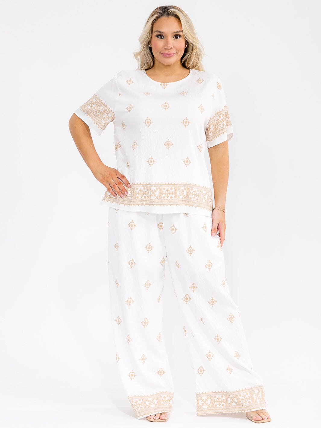 PLUS SIZE SHORT SLEEVE BLOUSE & ELASTIC WAIST PANTS MULTI PRINT 2PC. SET