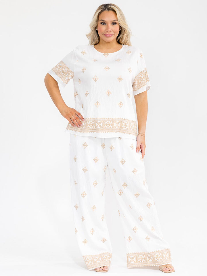 PLUS SIZE SHORT SLEEVE BLOUSE & ELASTIC WAIST PANTS MULTI PRINT 2PC. SET