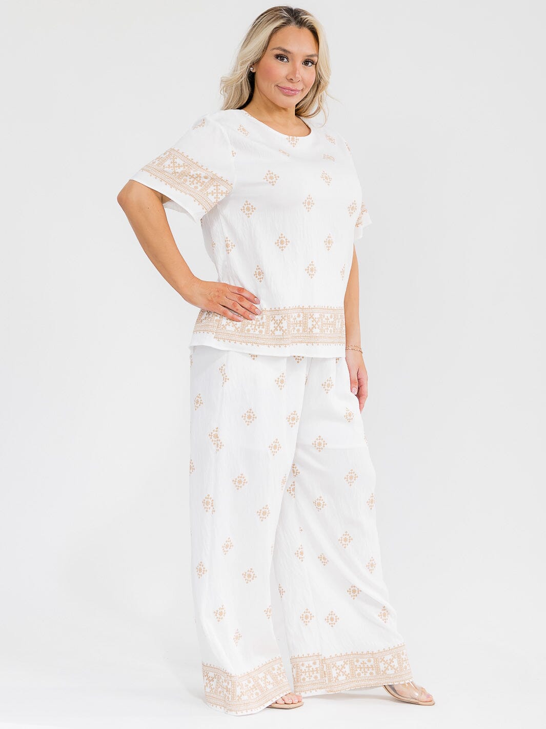 PLUS SIZE SHORT SLEEVE BLOUSE & ELASTIC WAIST PANTS MULTI PRINT 2PC. SET